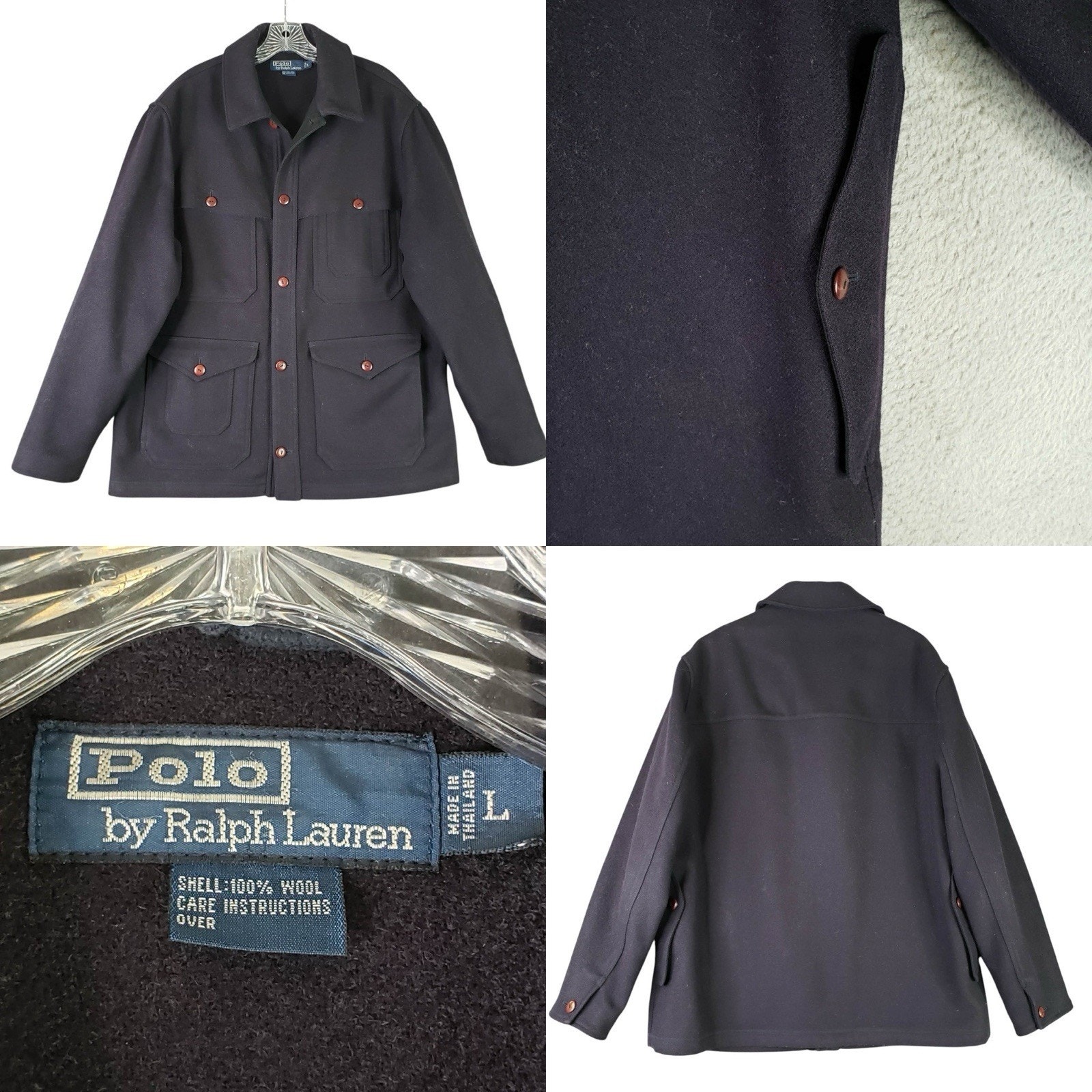 Polo Ralph Lauren Jacket Wool Hunting Field Mens Large Navy Blue Vintage Cruiser